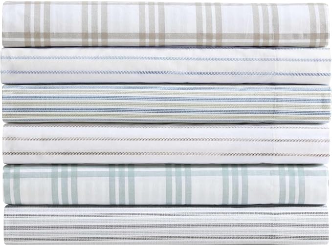 Eddie Bauer - Full Sheet Set, Cotton Percale Bedding Set, Super Soft and Bedding Set, Oeko-Tex Certified (Essential Stripe Beige, Full)