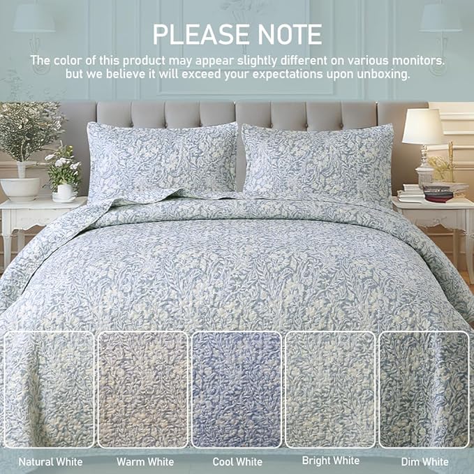 DURLENGEN Quilt Set Queen Size 3Pcs, Bluish Grey Printed with Beige Leaves Pattern,Soft Microfiber Lightweight Bedspread for All Season Layering(Queen 90x96,Beige Botanical)