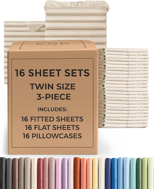 Bulk Case Pack of 16 Sheet Sets - (16) Complete Twin Size Sheet Sets with Deep Pockets - Wholesale Bulk Bedding for Hotels, Spas & Airbnbs - Breathable, Cooling, Soft & Wrinkle Free - (Twin, Cream)