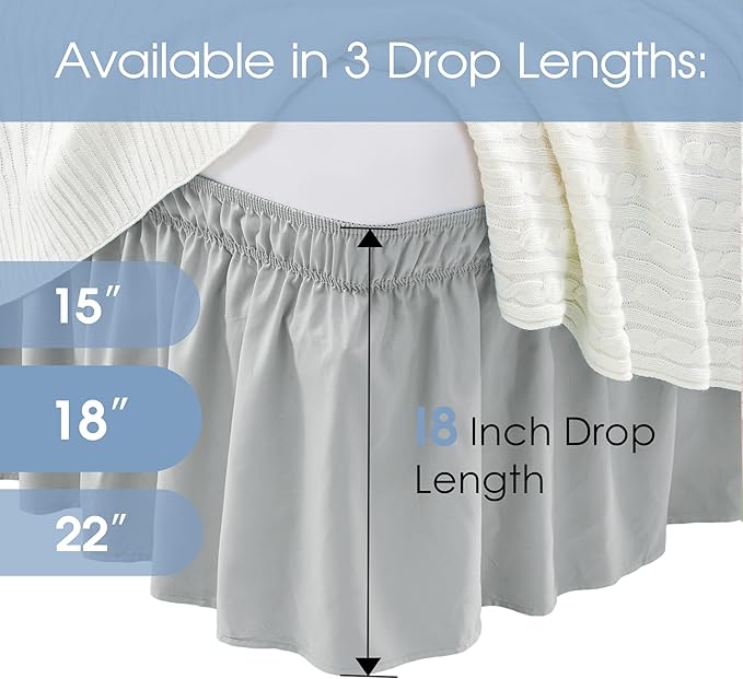 FreshCulture Twin Bed Skirt, Elastic Wrap Around Bed Skirt Twin Size, Bed Skirts for Adjustable Bed, Easy Fit with 18 Inch Drop Length, Hotel Quality Dust Ruffle for Twin Bed (Light Grey)
