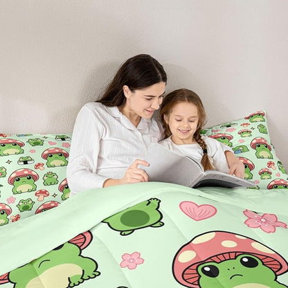 Mushroom Frog Bedding Set Full Size Cute Mushroom Comforter Set 3pcs for Kids Girls Boys Bedroom Decor Cartoon Animals Plants Quilt Set Pink Green Duvet Insert,2 Pillowcases