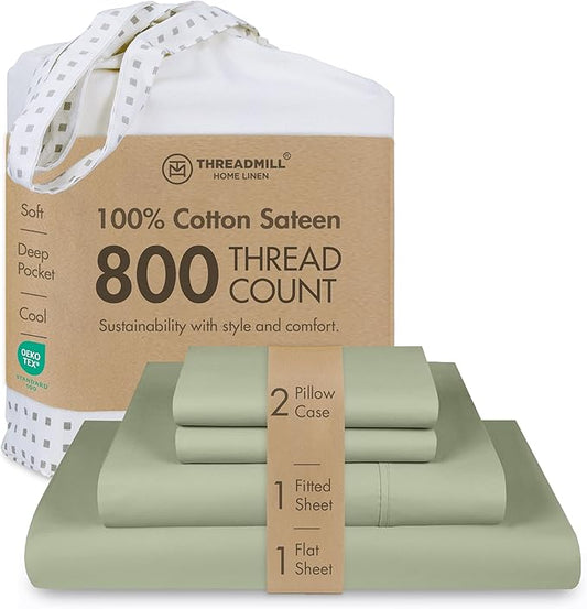 Threadmill Luxury 800 Thread Count Queen 100% Cotton Sheets - Sage Green Sateen Weave Bed-Sheets, Better Than Egyptian Cotton,4 Pc Solid Soft Bed Set, Fits 16" Deep Pocket