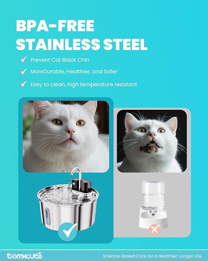 Tomxcute Cat Water Fountain Stainless Steel, 108oz Wireless Pet Fountain | 3 Smart Water Supply Modes Automatic Battery Operated Fountain with 3 Replacement Filters for Cats, Dogs, Multiple Pets