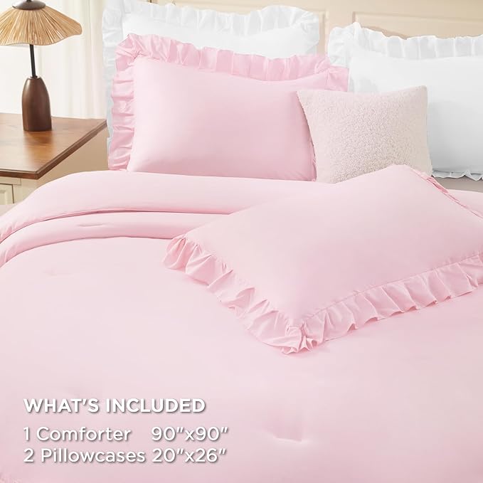 Andency Pink Comforter Set Queen Size, Lightweight Fluffy Farmhouse Pink Ruffle Bedding Set, Soft Polyester All Season Shabby Chic Bed Comforter Set 3 Pieces(1 Ruffle Comforter 2 Pillowcases)