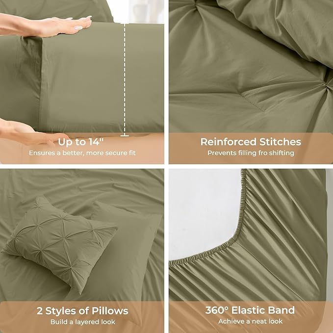 Sasttie California King Comforter Set, 7-Piece Bed in a Bag, Pintuck Bedding Sets for All Season, Includes Comforter, Flat Sheet, Fitted Sheet, Pillowcases and Pillowshams, Olive Green