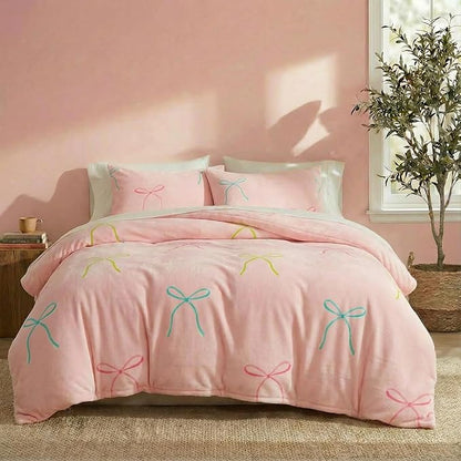 Bedbay Pink Bow Comforter Set Queen Size Warm Fluffy Fleece Bedding Set Cute Bowknot Teen Girls Ultra Soft Plush Velvet Comforter Queen Bed Set Sweet Bow Tie Dreamy Princess Style Bedding 3 Pcs