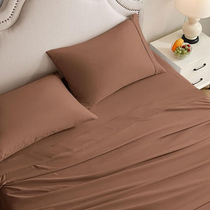 King Size Sheets Set, 4 Pieces Hotel Luxury Soft Microfiber Bed Sheets Set, Up to 16" Deep Pockets, Oeko-Tex Sheets with Elastic, Breathable, Wrinkle Free (Brown,King)