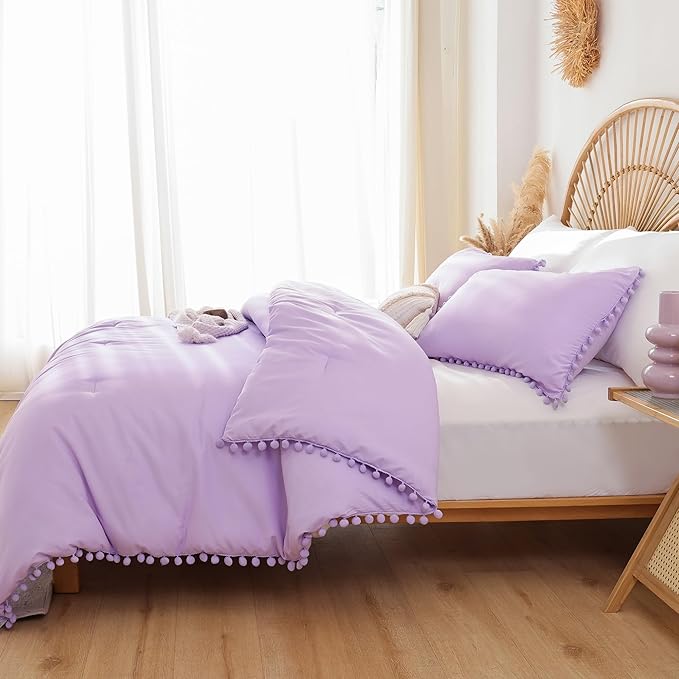 YIRDDEO Twin Comforter Set - Comforter Twin Size Bed with Ball Pom Fringe, Soft Bedding Set for All Seasons - 2 Pieces, 1 Comforter (66"x90") & 1 Pillow Sham(20"x26"), Lavender Purple