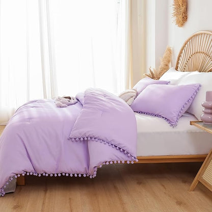 YIRDDEO Twin Comforter Set - Comforter Twin Size Bed with Ball Pom Fringe, Soft Bedding Set for All Seasons - 2 Pieces, 1 Comforter (66"x90") & 1 Pillow Sham(20"x26"), Lavender Purple