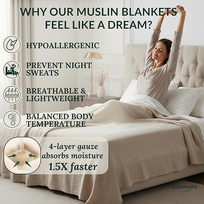 CLOUDSCAPE 100% Cotton Muslin Blanket King Size for Bed - Oversized 4 Layer 108x92 Fits Upto Cal King Bed - Soft Breathable, Gauze, Lightweight, All Season, Summer Layering Blankets for Adults - Fog