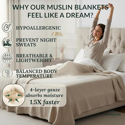 CLOUDSCAPE 100% Cotton Muslin Blanket King Size for Bed - Oversized 4 Layer 108x92 Fits Upto Cal King Bed - Soft Breathable, Gauze, Lightweight, All Season, Summer Layering Blankets for Adults - Fog