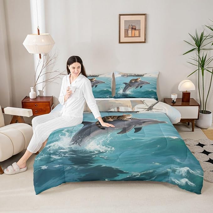 Erosebridal Kawaii Cat Comforter Set Queen Size Dolphin Quilt Insert for Kids Girls Boys Cute Kitten Sea Waves Natural Ocean Blue Yellow Comforter Warm Soft Bedding Set