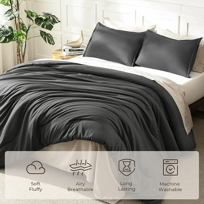 Litanika Dark Grey Oversized King Comforters Super King Plus Size, 3 Pieces Lightweight Solid Bedding Comforter Set, All Season Fluffy Bed Set (128x120In Comforter & 2 Pillowcases)
