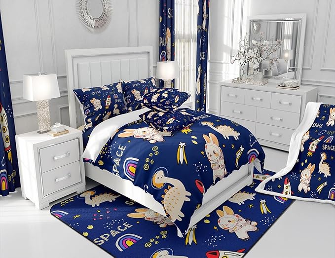 Castle Fairy Cute Rabbits Comforter King Size,Kids Boys Dinosaurs Comforter Set Bedding Set for Kids Adults,Cartoon Rocket Starry Galaxy Navy Duvet Set Ultra Soft Room Decor 3Pcs Quilt Set