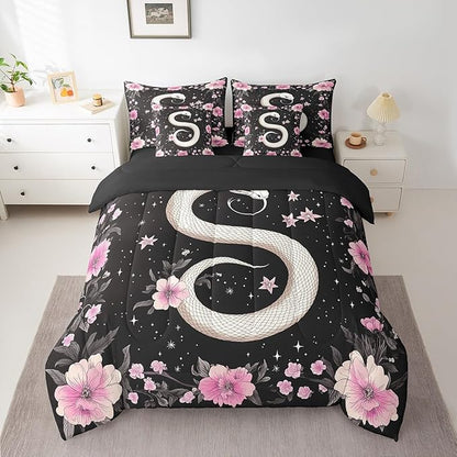 jejeloiu Boho Snake Bedding Set 7Pcs Twin Size Kids Bohemian Comforter Set with Sheets for Boys Girls Floral Flower Bed in a Bag Soft Lightweight,Microfiber
