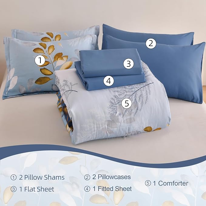 Anibedding 7 Pieces King Size Comforter Set, Blue Gold Botanical Gradient Leaves Ultra Soft Microfiber Down Alternative Bedding Set with Sheets and Pillowcase for All Season