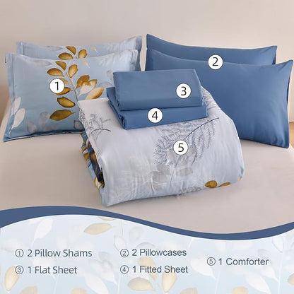 Anibedding 7 Pieces King Size Comforter Set, Blue Gold Botanical Gradient Leaves Ultra Soft Microfiber Down Alternative Bedding Set with Sheets and Pillowcase for All Season