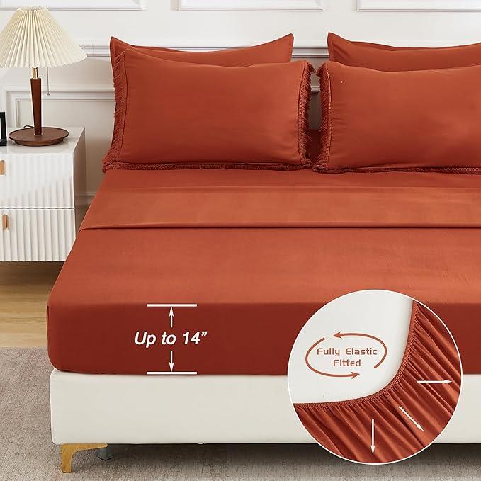 Andency King Size Comforter Set with Sheets Burnt Orange - 7 Pieces Bed in a Bag Boho Soft Lightweight Bedding Sets, Terracotta Rust Tassel Bed Set with Comforter, Sheets, Pillowcases & Shams