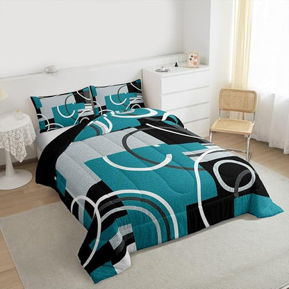 Modern Turquoise Decor Comforter Full Geometric Circles Gird Bedding Set For Boys Girls Kids Teens Adult Black Grey Down Comforter Stripe Swirls Duvet Set Modern Graphic Texture Quilted Comforter