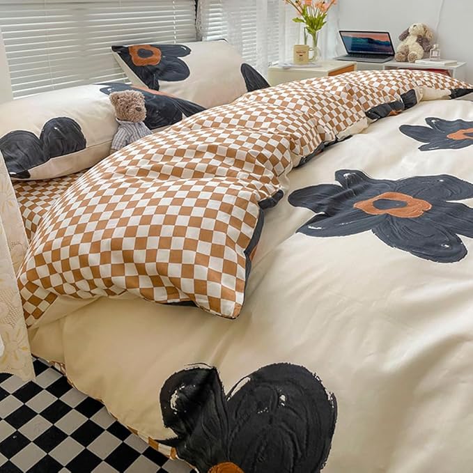 CLOTHKNOW Black Sunflower Full Size Comforter Sets Floral Bedding Comforter Sets Brown Plaid Comforter Beige Black Comforter with 2 x Pillow Cases