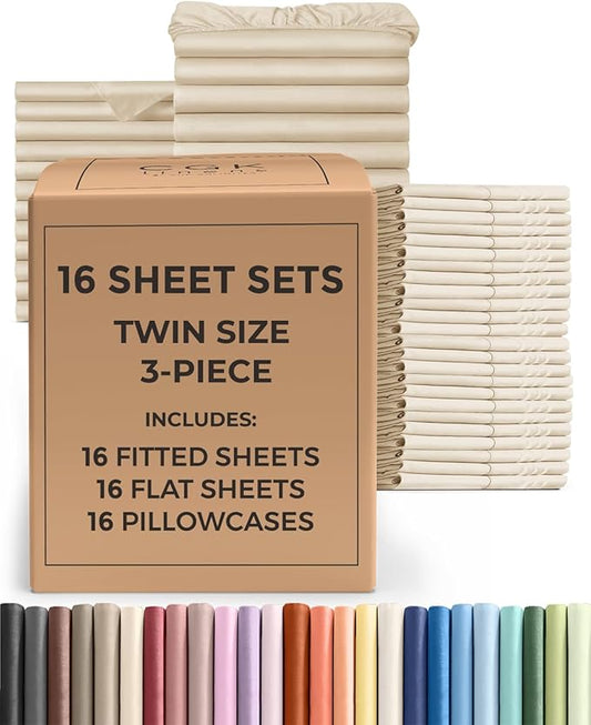 Bulk Case Pack of 16 Sheet Sets - (16) Complete Twin Size Sheet Sets with Deep Pockets - Wholesale Bulk Bedding for Hotels, Spas & Airbnbs - Breathable, Cooling, Soft & Wrinkle Free - (Twin, Wheat)