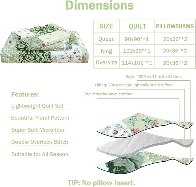 Cmfshape Summer Floral Oversized King Quilted Bedspread,Romantic Green Quilt Set,Reversible Stitched Bedding Cover All Season,Soft Lightweight Coverlet with Pillow Cases (Green,114"x102")