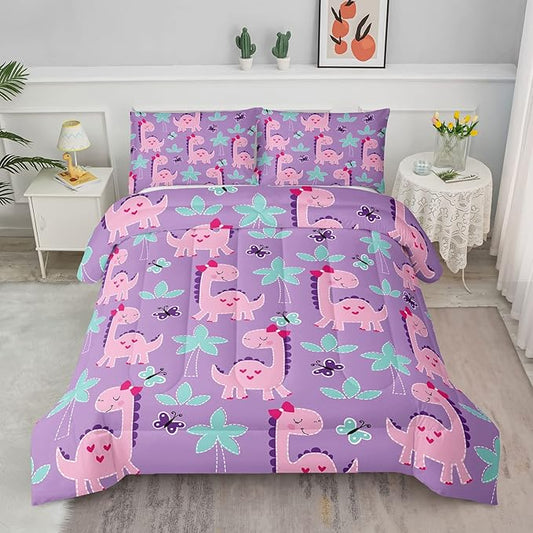 Axolotl Cute Dinosaur Comforter Set Twin Size,Girls Bedding Cartoon Dinosaur Bedding Set for Girls Teens Kids Boys Adults Room Decor,Kids Comforter Set All Season,1 Quilt 2 Pillow Cases,Purple
