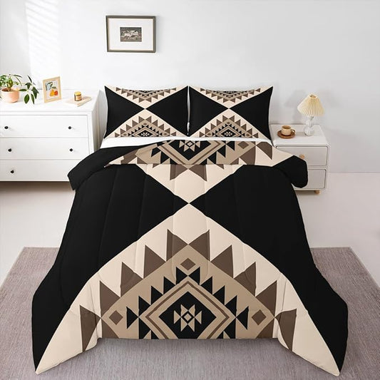 Erosebridal Black Beige Abstract Twin Bedding Sets for Adult Women Men Modern Boho Western Aztec Comforter Set Geometric Stripes Quilt Set Minimalist Stylish Art Southwestern Bed Collections