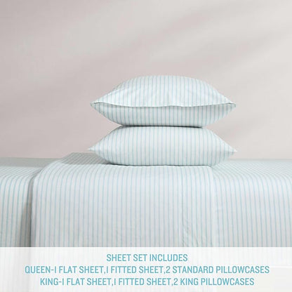 Tommy Bahama - Queen Sheet Set, Cotton Percale Bedding Set, Super Soft, Oeko-Tex Certified (Cool Beach Stripe Turquoise, Queen)