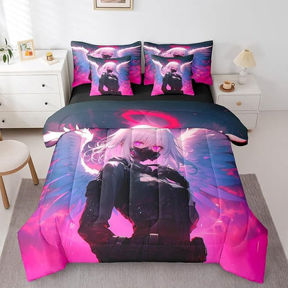 Erosebridal Full Japanese Anime Bed in A Bag Anime Girl Comforter Set with Sheets for Kids Girls Teens Men Bedroom Decor, Cartoon Girl 7 Piece Bedding Set Kawaii Japanese Animation Bed Sets
