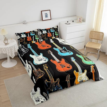 Castle Fairy Colorful Guitar Bedding Set King Size Musical Instruments Comforter for Child Toddler Teens Rock Bass Music Lover Down Comforter Sketch Style Guitar Duvet Insert with 2 Pillowcases