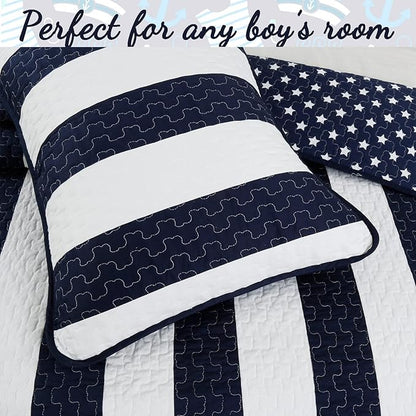 Cozy Line Home Fashions Sailor Popeye 's Bedding Quilt Set, Nautical Navy Blue White Star Striped 100% Cotton Reversible Coverlet Bedspread for Kids Boy (Sailor Star, Queen - 3 Piece)