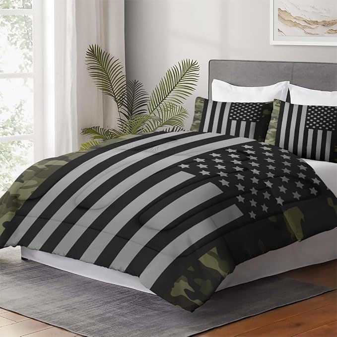 Twin Size Comforter Set with Pillowcase, Black Military Camouflage American Flag Soft 2 Pcs Bedding for Kids and Adults Bedroom Bed Decor