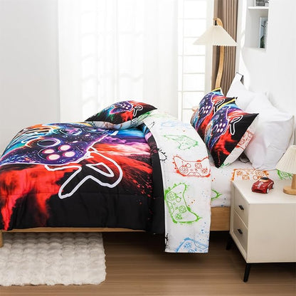 Aimuan Gamer Gaming Bedding Sets 3D Gamepad Comforter Sets for Boys Games Console Action Buttons Novelty Colorful Game Controller Modern Room Decor Home Quilt Set (Black-Purple, Twin 6PCS)