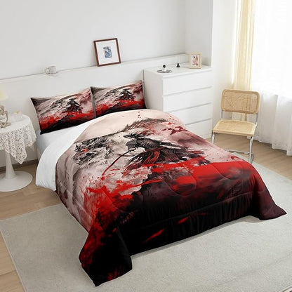 Dragon Comforter Set King Size,Japanese Samurai Bedding Set Kids Boys Teens Men Room Decor Magical Animals 3D Dragon Quilt Set,Western Wildlife Theme Black Red Ink Style Duvet Insert,2 Pillowcases
