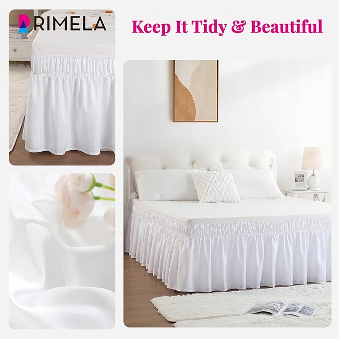 RIMELA White Bed Skirt Queen Size 15 Inch Drop, Elastic Bed Skirting for Adjustable Bed Base & Frame, Bedding Dust Ruffle Easy to Install, Wrap Around Bedskirt, Room Decoration