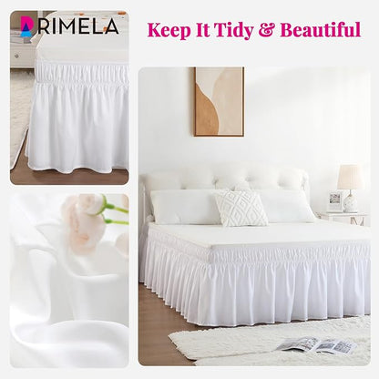 RIMELA White Bed Skirt King Size 16 Inch Drop, Elastic Bed Skirting for Bed Base and Frame, Bedding Dust Ruffle Easy to Install, Lightweight Wrap Around Adjustable Bedskirt