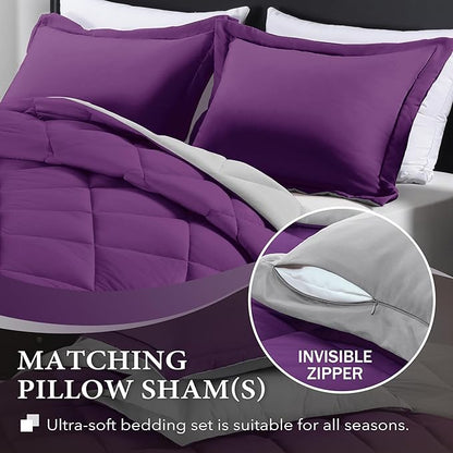downluxe California King Comforter Set - Purple and Grey Cal King Comforter Set, Soft Bedding Sets for All Seasons - 3 Pieces - 1 Comforter (104"x96") and 2 Pillow Shams(20"x36")