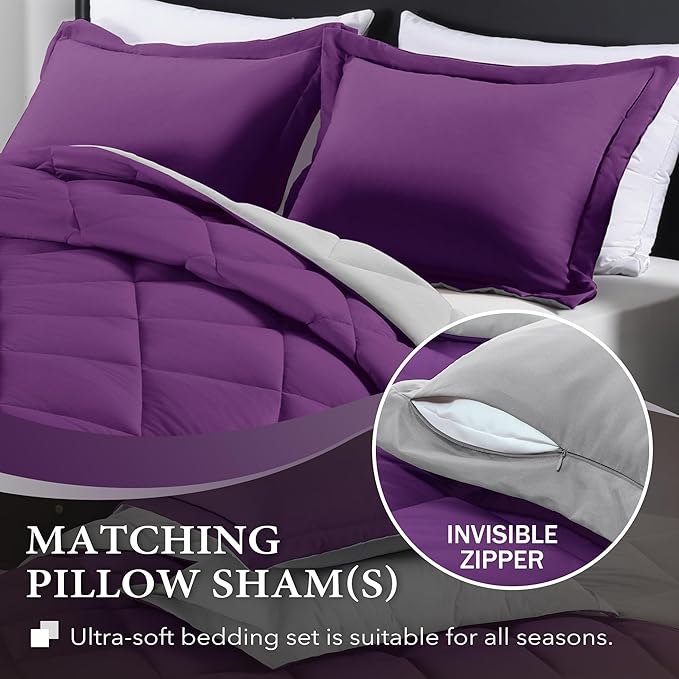downluxe Queen Comforter Set - Purple and Grey Queen Comforter, Soft Bedding Sets for All Seasons -3 Pieces - 1 Comforter (88"x92") and 2 Pillow Shams(20"x26")