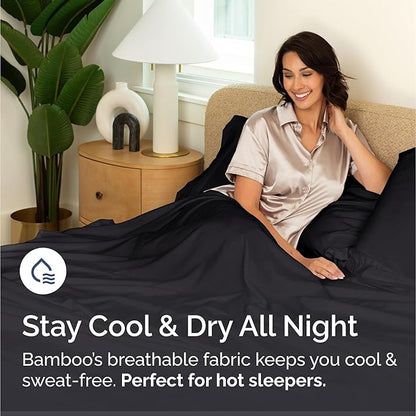 100% Rayon Derived From Bamboo - Bamboo Sheets Queen Size - Cooling Sheets for Queen - Ultra Soft, Breathable & Hotel Luxury Bedding - 1 Flat & 1 Fitted & 2 Pillowcases w/ 16 Inch Deep Pockets - Black
