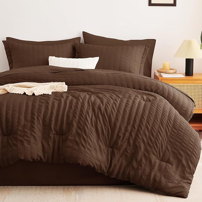 CozyLux Oversized Queen Comforter Set Brown Seersucker 7 Pieces 98x98 Bed in a Bag Comforter Set with Sheets, Luxury Soft Bedding Sets with Down Alternative Comforter, Sheets, Pillowcases & Shams