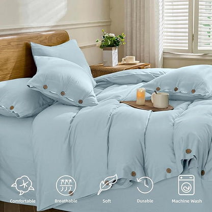 JELLYMONI Cotton Duvet Cover Cal King Size - Light Blue Comforter Cover with Button 100% Washed Cotton 3PCS Breathable Soft Solid Bedding Set Duvet Cover 104×98in & 2 Pillowcases (NO Comforter)