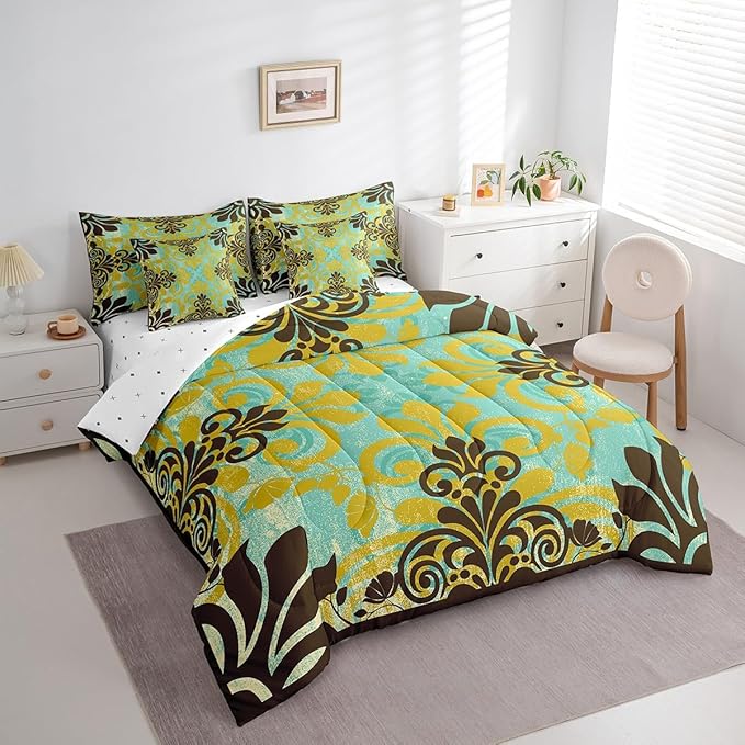 Erosebridal Bohemian Damask 7 Piece Comforter Set Full Bed in a Bag,Exotic Flowers Bedding Sets Antique Victorian Gothic Vintage Floral Sheet Set with Comforter