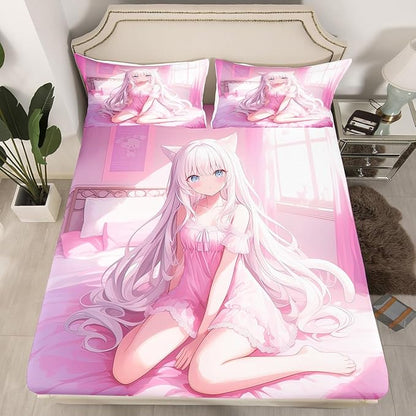 Erosebridal Queen Size Japanese Anime Fitted Sheet for Kids, Anime Girl Bedding Set Kawaii Japanese Style Bed Sheets Cartoon Japan Animation Bed Set for Boys Teen Adult Women Bedroom,Pink