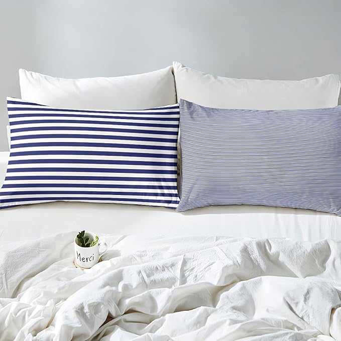 Navy Blue Stripe Comforter Set Queen Size White Geometric Ticking Stripes Reversible Down Comforter Farmhouse Horizontal Stripes Gothic Home Decor Duvet Set Modern Abstract Striped Bedding Set