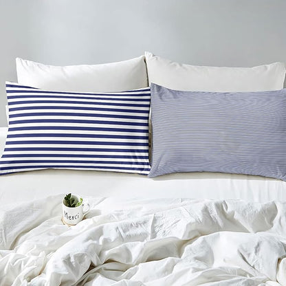 Navy Blue Stripe Comforter Set King Size White Geometric Ticking Stripes Reversible Down Comforter Farmhouse Horizontal Stripes Gothic Home Decor Duvet Set Modern Abstract Striped Bedding Set