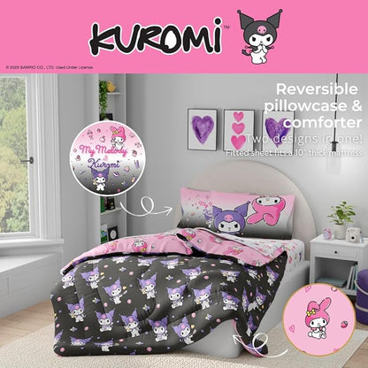 Sanrio Kuromi & My Melody Bedding 7 Piece Super Soft Cozy Reversible Comforter and Sheet Set with Sham, Full, (Officially Licensed Product) By Franco
