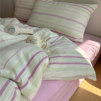EAVD Retro Striped Duvet Cover King Size Soft 100% Cotton Green Purple Verical Striped Bedding Set with 2 Pillowcases Reversible Farmhouse Geometric Duvet Cover with Zipper Closure