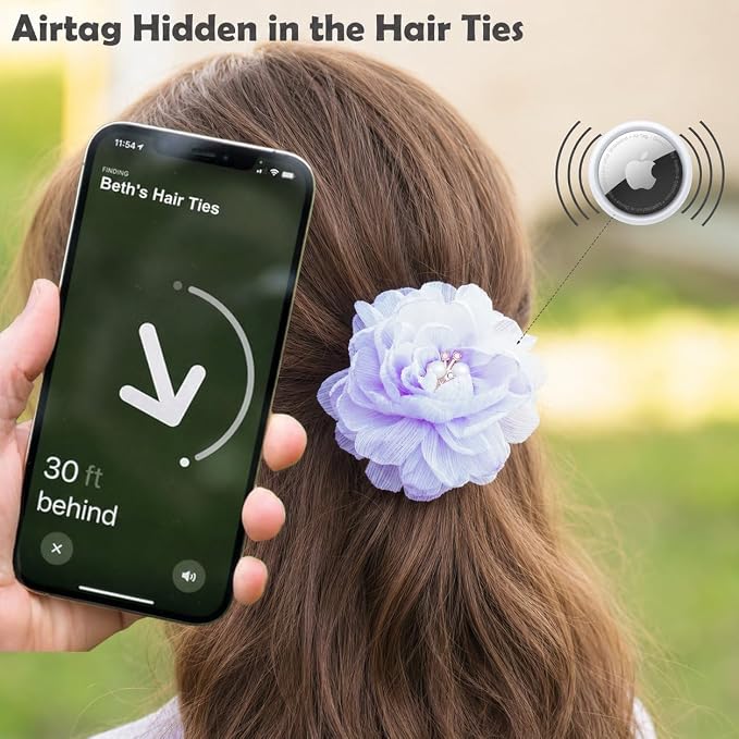2 Pack Kids Hair Ties Holder for Airtag 2nd & 1st, Cute Flower Hidden Hair Elastic Band GPS Tracker Case for Girls (Pink Purple, Thick Hair)