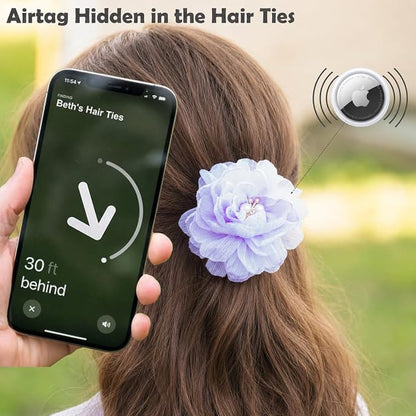 2 Pack Kids Hair Ties Holder for Airtag 2nd & 1st, Cute Flower Hidden Hair Elastic Band GPS Tracker Case for Girls (Pink Purple, Thick Hair)